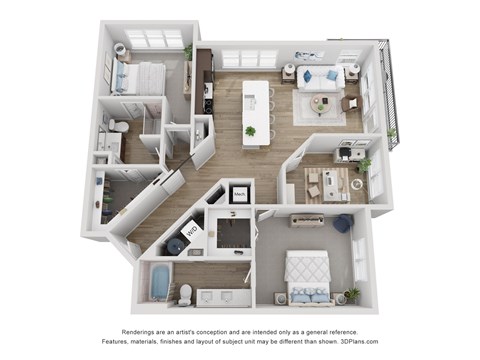 Floor plan for 2 beds, 2 baths, 1297 sqft